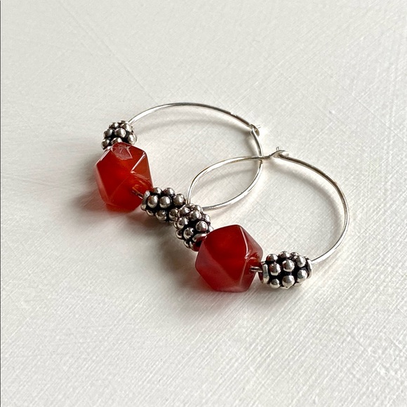 Handcrafted Carnelian and Sterling Silver Hoop Earrings - Picture 1 of 4